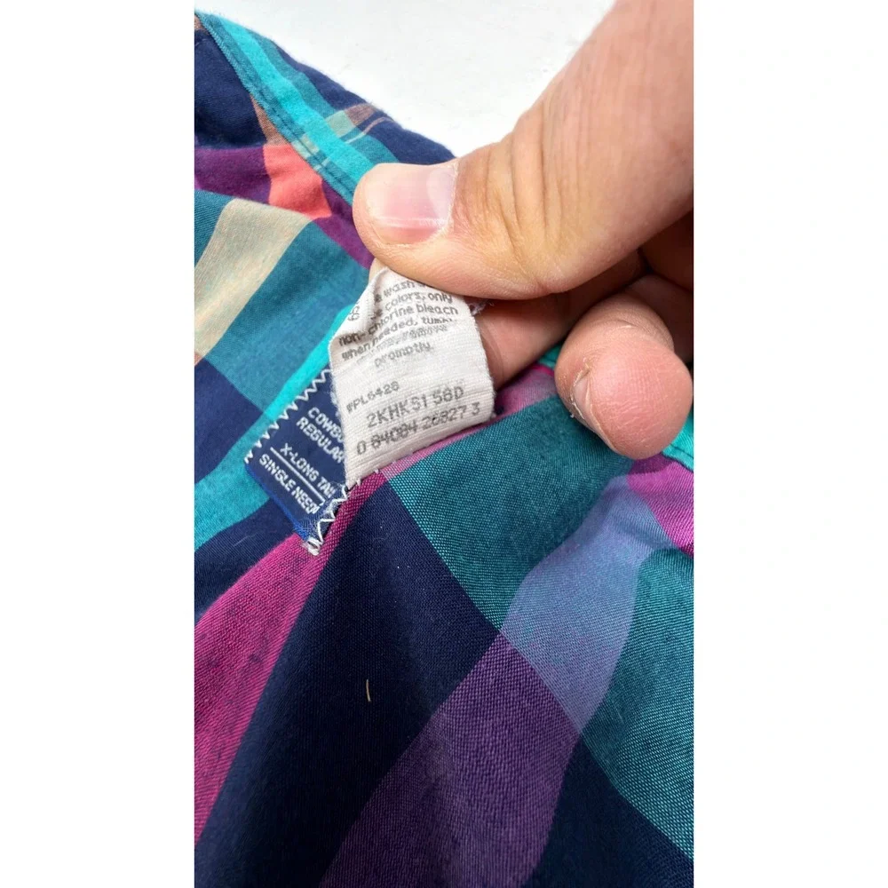 Vintage 90 Wrangler Cowboy Cut Pearl Snap Shirt Mens 16x34 L Teal Pink Plaid USA